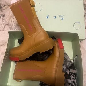 Tan and Red Rain Boots